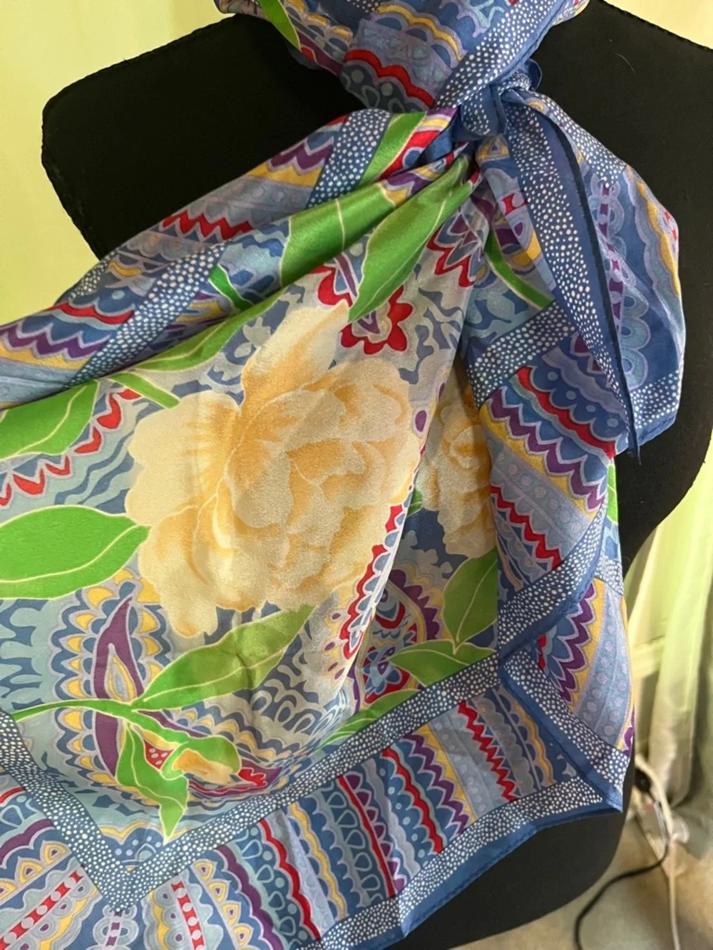 Blue Floral Patterned Women's Square Scarf - Silky